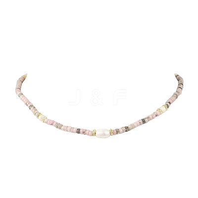 Natural Rhodonite Faceted Rondelle Beaded Necklaces with Natural Pearl Rice Beads NJEW-JN06529-1
