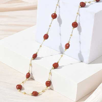 Natural Red Jasper Faceted Flat Round Beaded Chain Necklaces with Matte Brass Beads GG-CBA37F5-01G-01-1