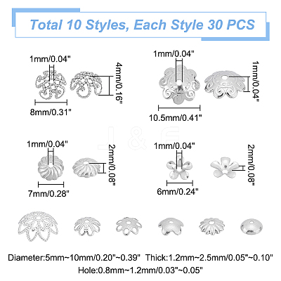 300Pcs 10 Styles 304 & 201 Stainless Steel Fancy Bead Caps STAS-UN0042-71-1
