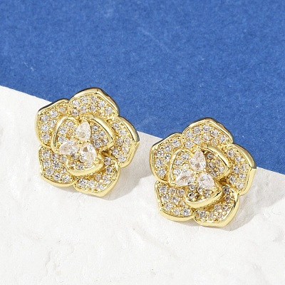 Flower Brass Micro Pave Clear Cubic Zirconia Stud Earrings X-EJEW-M082-19G-1