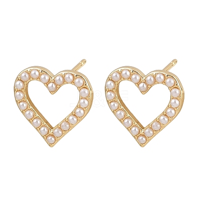Brass ABS Plastic Pearl Hollow Heart Stud Earrings EJEW-L275-14G-04-1