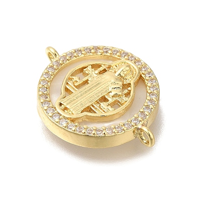 Brass Micro Pave Clear Cubic Zirconia Flat Round Saint Benedict Connector Charms X-KK-R002-29G-1