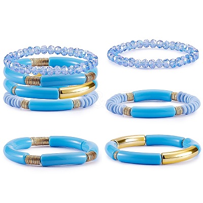 4Pcs 4 Style Acrylic Chunky Curved Tube Stretch Bracelet Sets BJEW-SW00074-03-1