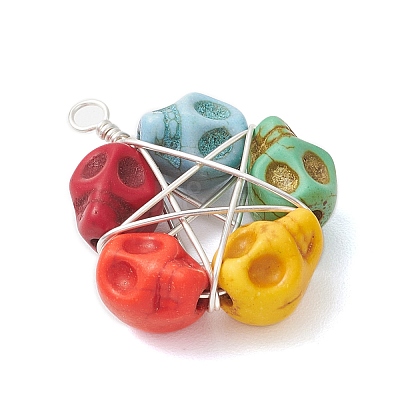 Halloween Dyed Synthetic Turquoise Skull Beaded Pendants PALLOY-TA00296-1