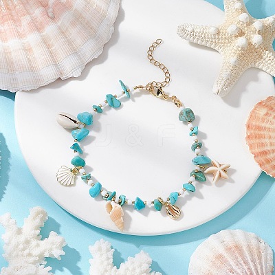 Summer Beach Synthetic Turquoise Chip Starfish & Natural Shell & Alloy Enamel Charm Anklets AJEW-TA00037-1