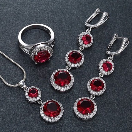 Flat Round Alloy Cubic Zirconia Pendant Necklaces & Hoop Earrings & Rings Sets FS-WG75211-04-1
