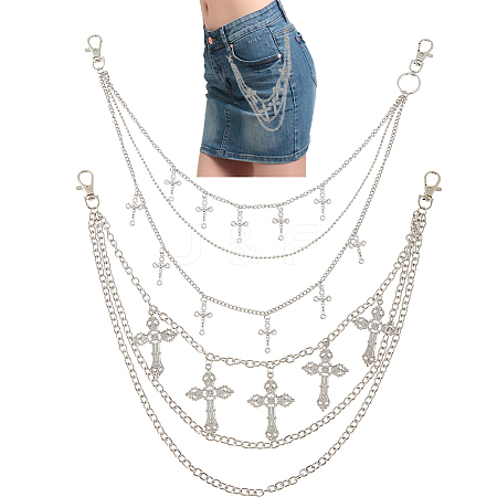 2Pcs 2 Styles Cross Charm Alloy 3 Layer Chain Belts for Pants AJEW-HS0001-18-1