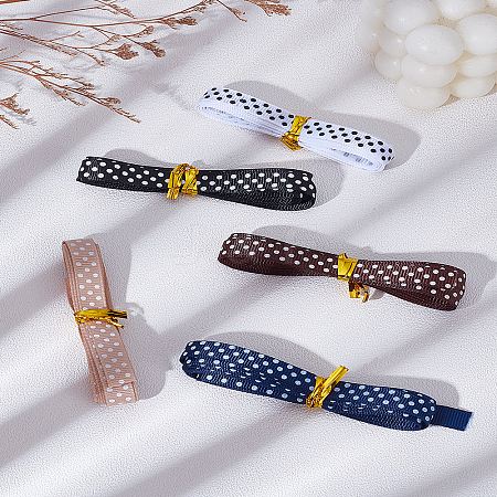 10M 5 Colors Polyester Polka Dot Printed Grosgrain Ribbon OCOR-LP0002-64-1
