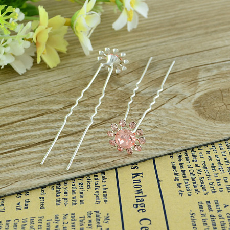 Lady's Hair Accessories Silver Color Iron Rhinestone Flower Hair Forks PHAR-S185-07-1