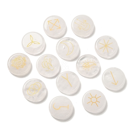 13Pcs Flat Round Natural Quartz Crystal Rune Stones G-K335-08G-1