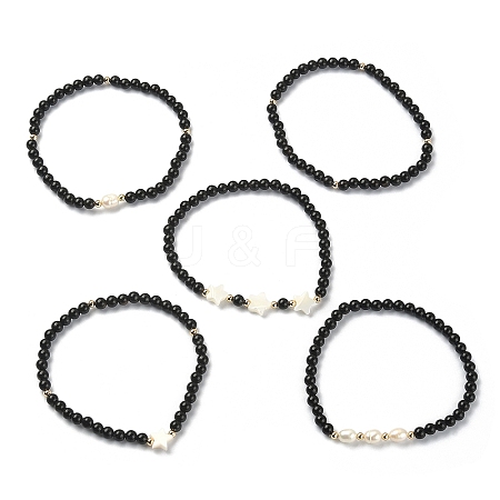 5Pcs 5 Style Synthetic Black Stone & Pearl & Shell Star Beaded Stretch Bracelets Set BJEW-JB09495-02-1