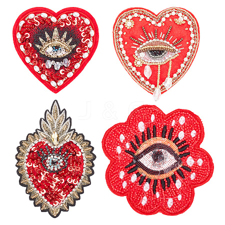 ARRICRAFT 4Pcs 4 Style Heart/Flower with Evil Eye Handicraft Beading Felt Appliques PATC-AR0001-10-1