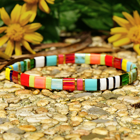 Boho Rainbow Glass Tile Tube Beaded Stretch Bracelets for Women MR7920-1