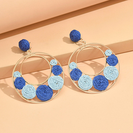 Alloy & Raffia Grass Woven Flower Dangle Stud Earring for Women WG57AD3-03-1