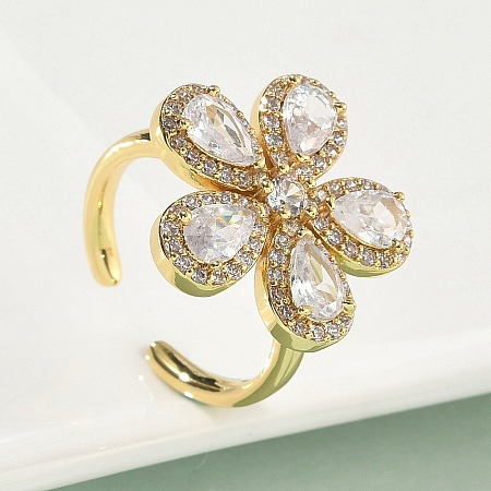 Flower Brass Micro Pave Cubic Zirconia Cuff Rings for Women RJEW-A069-14G-03-1