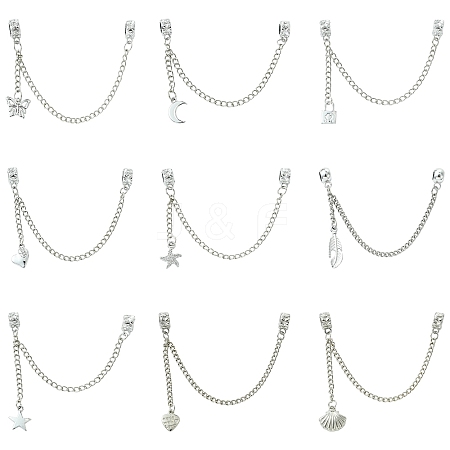 9Pcs 9 Styles Zinc Alloy European Safety Chains with Dangle Charms HJEW-CJ0001-23-1