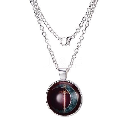 Flat Round with Moon and Sword Glass Alloy Pendant Necklaces X-NJEW-N0051-004A-02-1