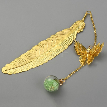 Golden Tone Brass Feather Bookmarks AJEW-WH0020-55G-03-1