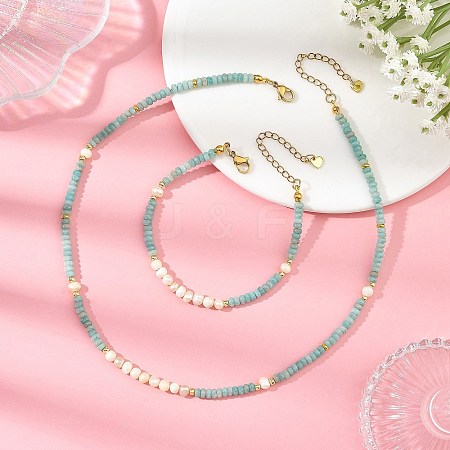 Natural Amazonite & Natural Cultured Freshwater Pearl Bead Bracelets & Necklaces Sets SJEW-JS01386-1