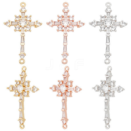 Beebeecraft 6Pcs 3 Colors Brass Pave Clear Cubic Zirconia Connector Charms ZIRC-BBC0001-90-1