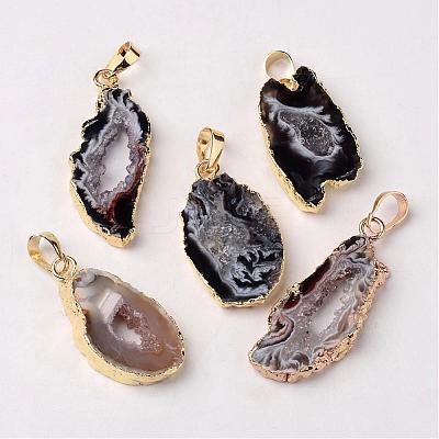 Mixed Golden Tone Brass Natural Druzy Geode Agate Slice Pendants G-M282-01-1