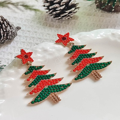 Christmas Tree Alloy & Acrylic Beaded Dangle Stud Earrings for Women EJEW-G406-01G-02-1