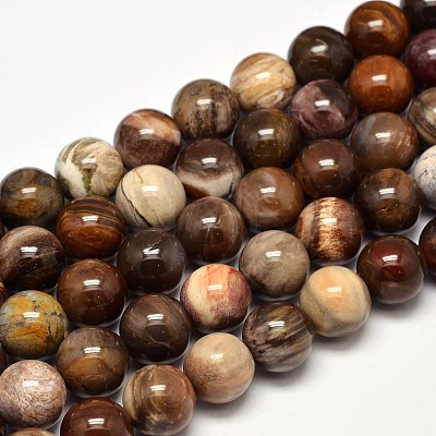 Natural Petrified Wood Round Bead Strands G-F266-08-12mm-1