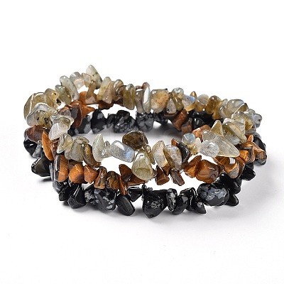 Chips Natural Labradorite & Snowflake Obsidian & Tiger Eye Beaded Stretch Bracelets Sets X-BJEW-JB05332-05-1