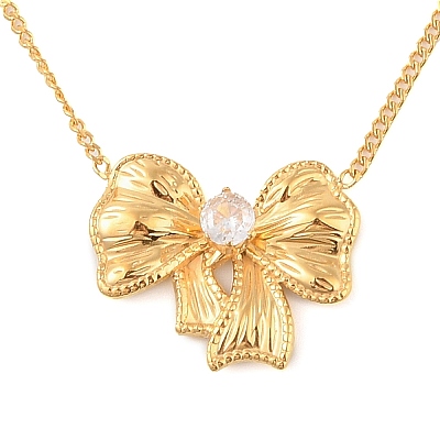 304 Stainless Steel Crystal Rhinestone Twisted Chain Bowknot Pendant Necklaces for Women NJEW-Z046-05G-1