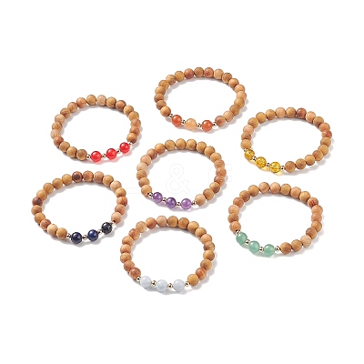 7Pcs 7 Style Natural Wood & Mixed Gemstone Round Beaded Stretch Bracelets Set BJEW-JB08813-1