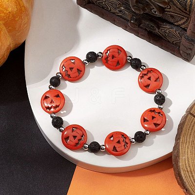 Halloween Pumpkin Synthetic Turquoise & Natural Lava Rock Beaded Stretch Bracelets BJEW-TA00487-1