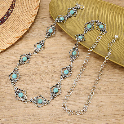 Alloy & Iron & Synthetic Turquoise Flower Link Chain Waist Belly Chains for Women FS-WG44F02-01-1