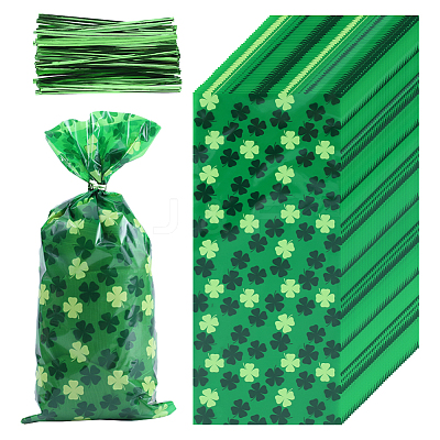 Rectangle Shamrock Clover Print Plastic Cookies Packing Pouches ABAG-WH0038-35A-1