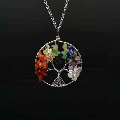 7 Chakra Gemstone Chip Tree of Life Pendant Necklaces PW-WG100CC-01-1