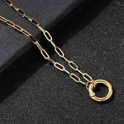 304 Stainless Steel Spring Gate Ring Pendant Paperclip Chain Necklaces for Women NJEW-Z091-13G-1