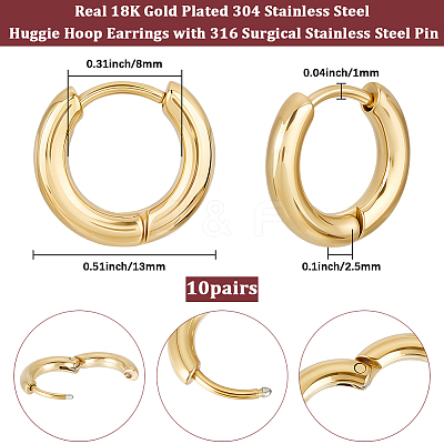 10 Pairs Ion Plating(IP) 304 Stainless Steel Huggie Hoop Earrings EJEW-BBC0002-19A-1