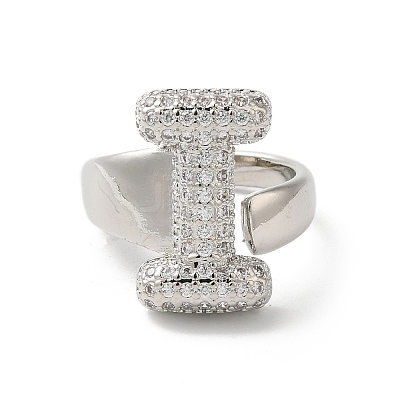 Letter Brass Micro Pave Clear Cubic Zirconia Open Cuff Ring for Women RJEW-N046-03I-P-1