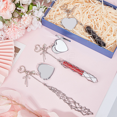 3Pcs 3 Styles 201 Stainless Steel String Bag & Iron with Glass Mirror & Alloy Bowknot Pendant Keychains HJEW-SC0003-27-1