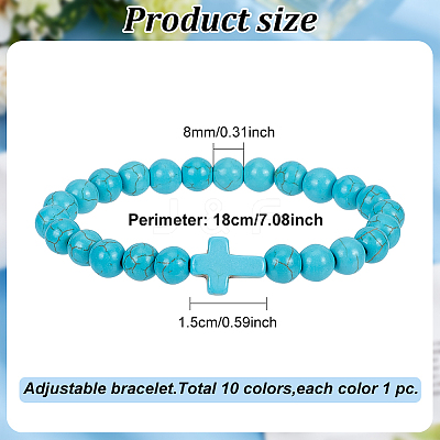 10Pcs 10 Style Natural Lava Rock & Dyed Synthetic Turquoise Cross Beaded Stretch Bracelets Set BJEW-AN0001-76-1