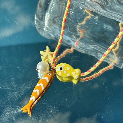 Summer Beach Porcelain & Resin Fish Starfish Pendant Cotton Cord Necklaces with Imitation Pearl WGC747D-02-1
