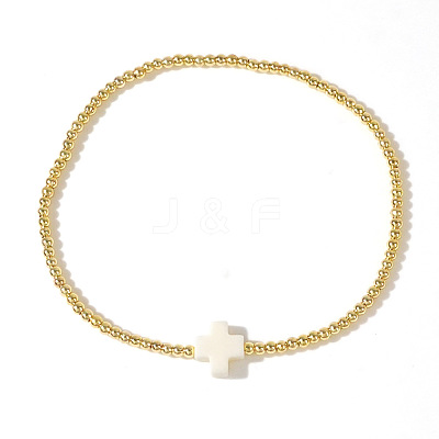 Cross Natural Gemstone & Brass Bead Stretch Bracelets for Women QE9707-4-1