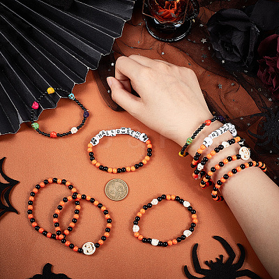 30Pcs 5 Style Synthetic Turquoise Skull & Acrylic Beaded Stretch Bracelets Set BJEW-BC0001-06-1