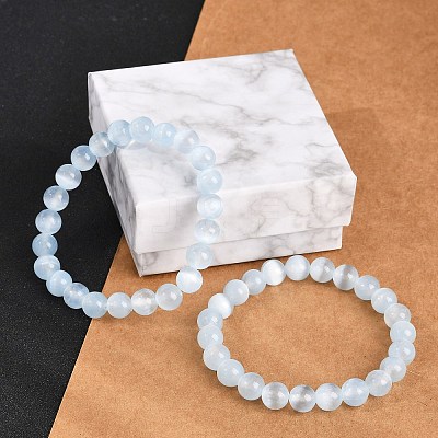 Dyed Natural Selenite Round Beaded Stretch Bracelets for Women G-U005-02H-1