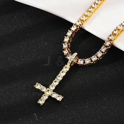 Alloy Full Crystal Rhinestone Christian Inverted Cross Pendant Necklaces NJEW-P333-01G-1