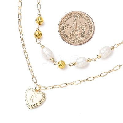 Natural Cultured Freshwater Pearl Rice Beads Brass Heart with Letter Pendant Paperclip Chain Double Layered Necklaces NJEW-JN05378-01-1