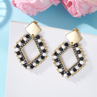 Rhombus Mixed Stone & Glass Seed Beads Dangle Stud Earrings EJEW-MZ00666-01-1