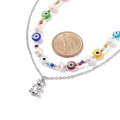 2Pcs 2 Style Natural Pearl & Evil Eye Beaded Necklaces with Bear Pendant for Women NJEW-TA00019-1