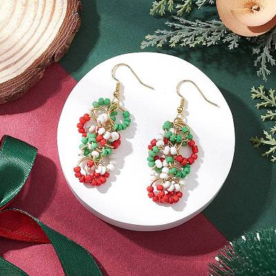 Christmas Brass Glass Chip Dangle Earrings EJEW-TA00724-1