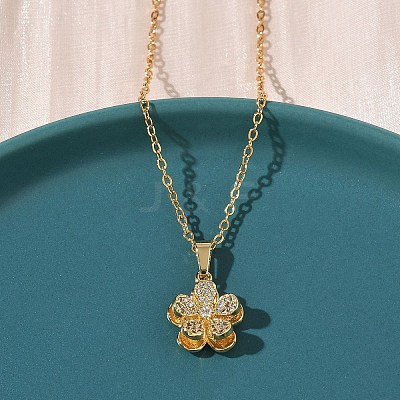 Brass Micro Pave Clear Cubic Zirconia Pendant 304 Stainless Steel Chain Necklaces for Women NJEW-D341-12C-G-1