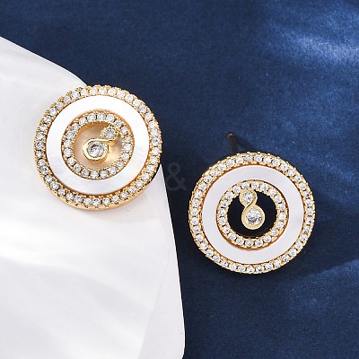 Flat Round Brass Micro Pave Cubic Zirconia Stud Earrings KK-D363-15G-1